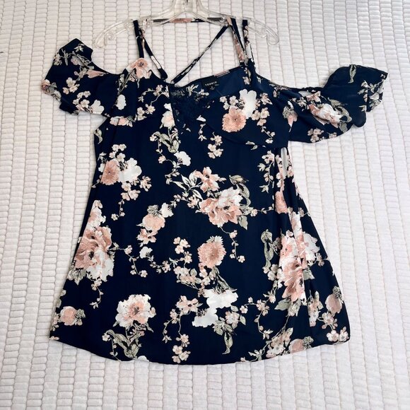 Floral Cold-Shoulder Strappy Navy Blouse Womens Size 2 By Torrid new with tags - Picture 2 of 3
